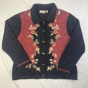 Vintage Wool Blend Embroidered Cardigan Womens PL Cottage Grunge Granny